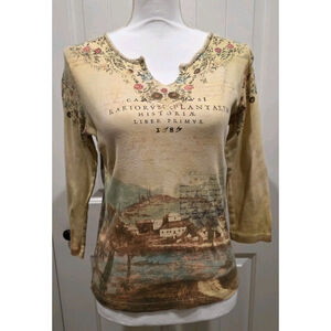 Vintage Y2K Vanilla Sugar 3/4 Sleeve Rhinestone Floral Landscape Top Size Small